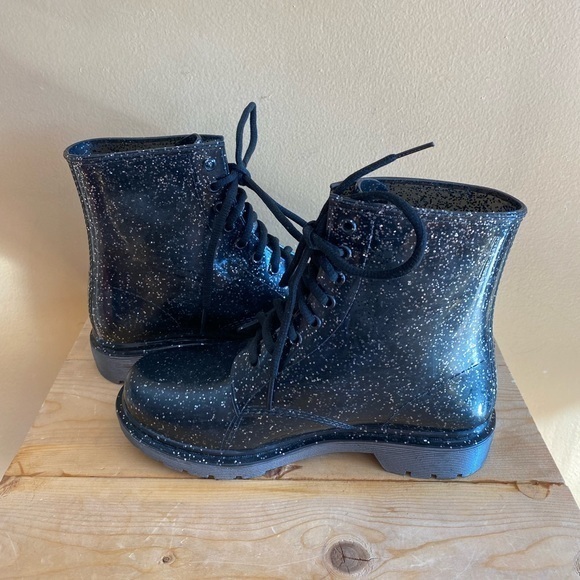 Sam Edelman Circus Translucent Black Glitter Quinn Rubber Combat Boots Size: 7 - Picture 4 of 15